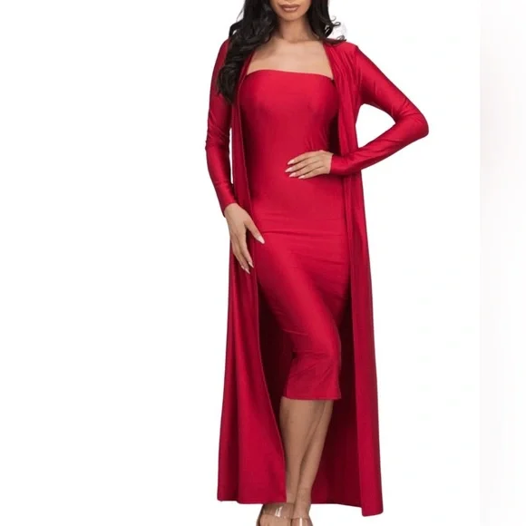 Dresses | Red Satin Bodycon Tube Dress And Duster | Poshmark